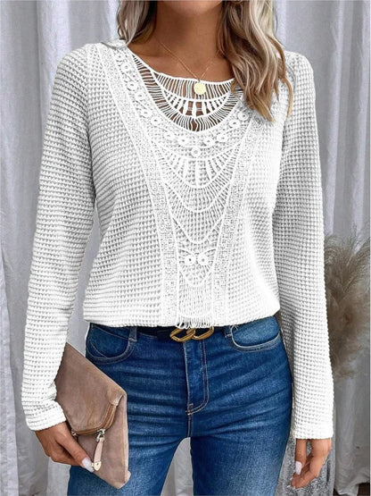 Women's Long-Sleeve Top - Waffle Knit - Lace Applique Detail - Scoop Neck - Relaxed Fit