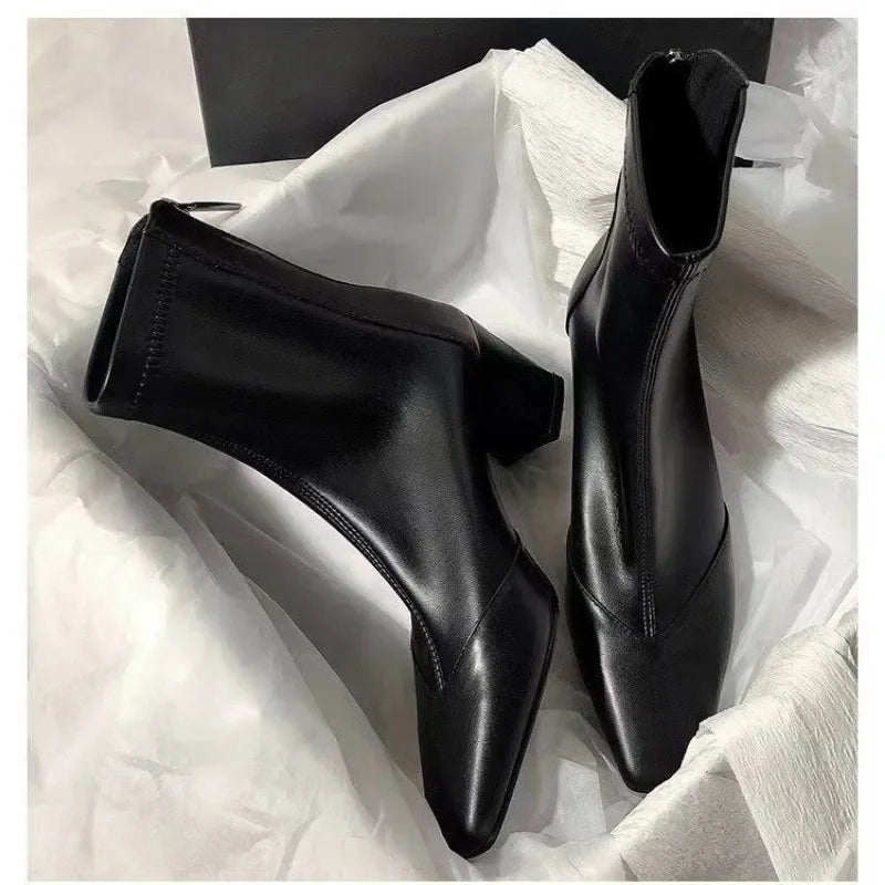 Women's high heels chunky heel boots with pointed toe