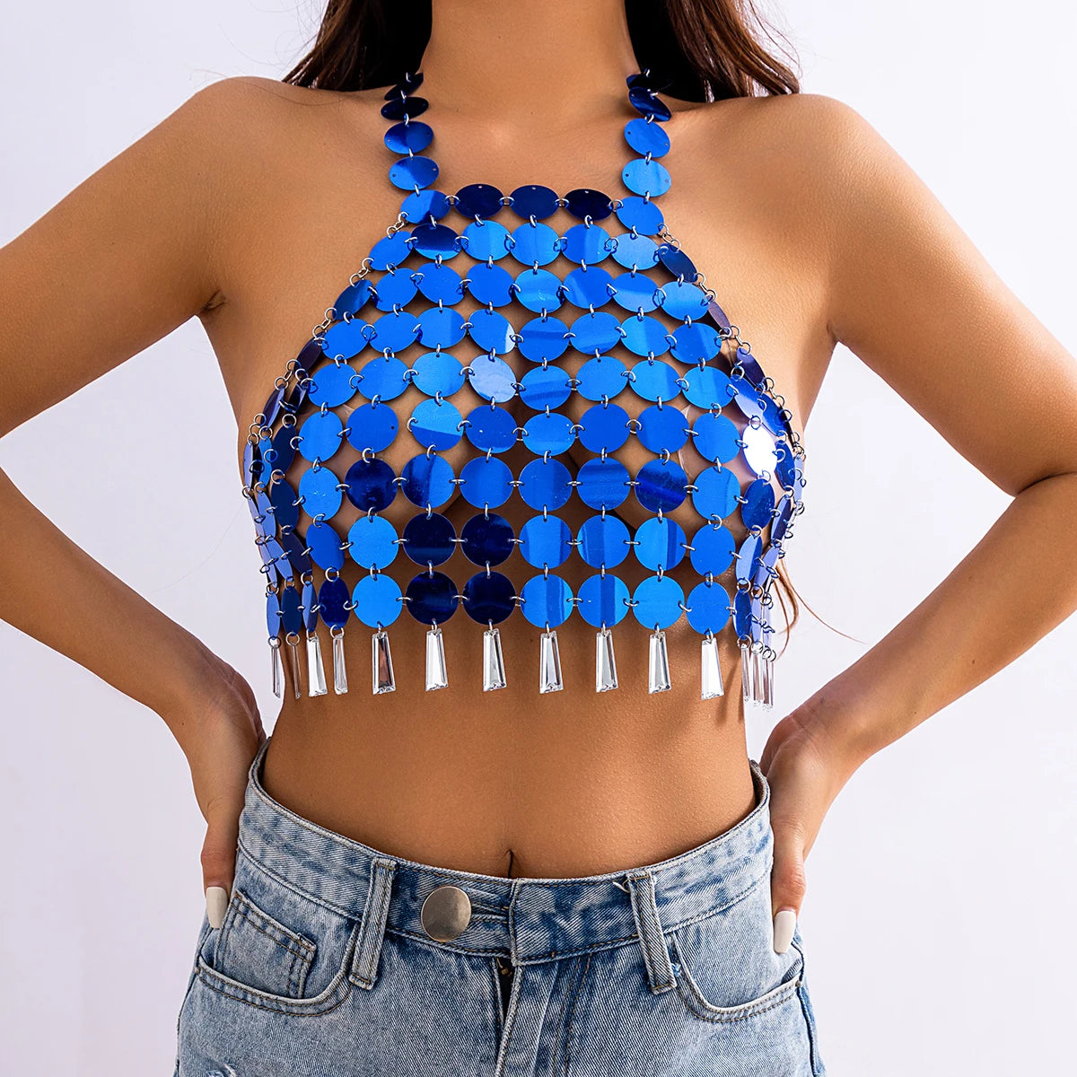 Stylish metallic sequin halter top