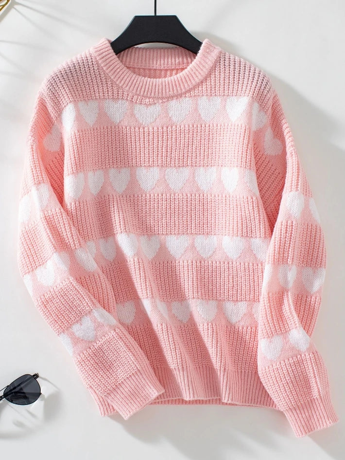 Women's jacquard love pattern crew neck pullover sweater