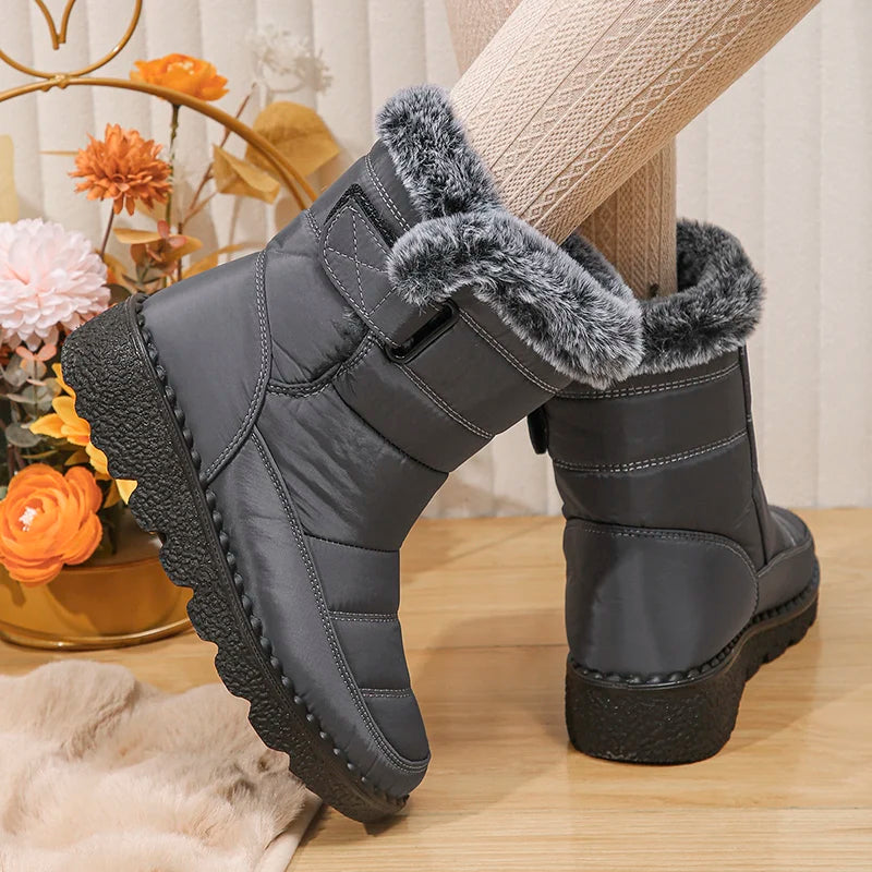 Women's waterproof  faux fur high-top snow boots with hook-and-loop closure