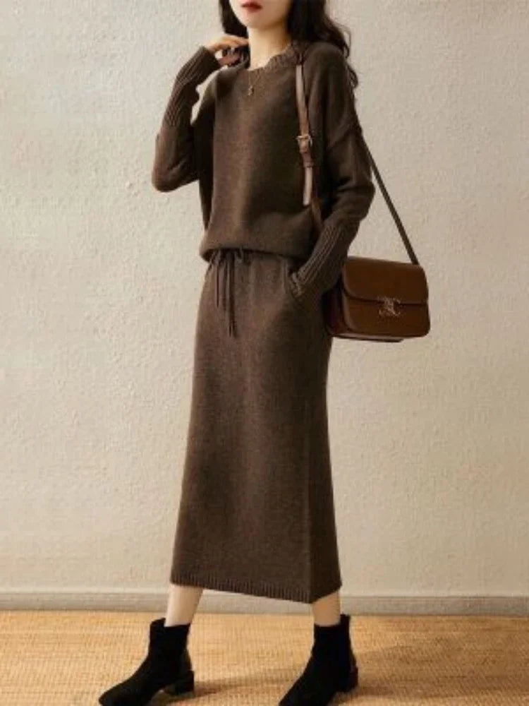 Women's loose pullover knit sweater skirt set