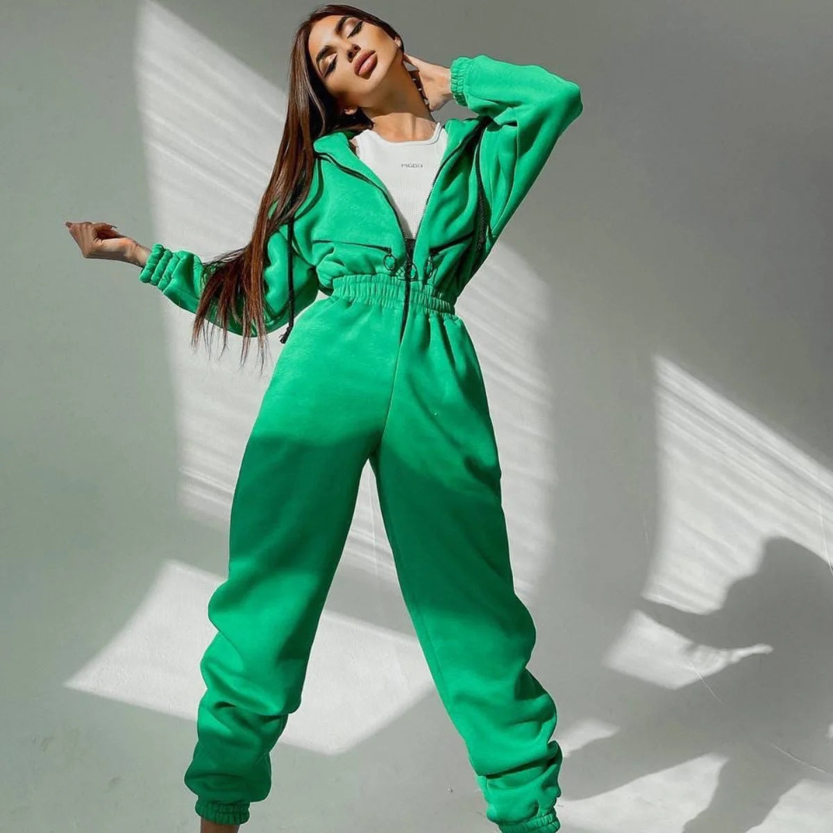 Women's Jumpsuit - Oversized Fit - Hooded with Zipper & Pockets - Elastic Waist