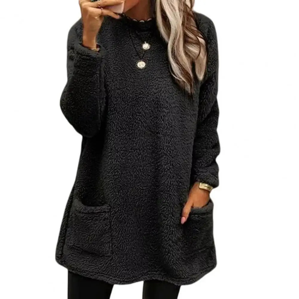 Women's cozy half-high collar plush sweatshirt with pockets