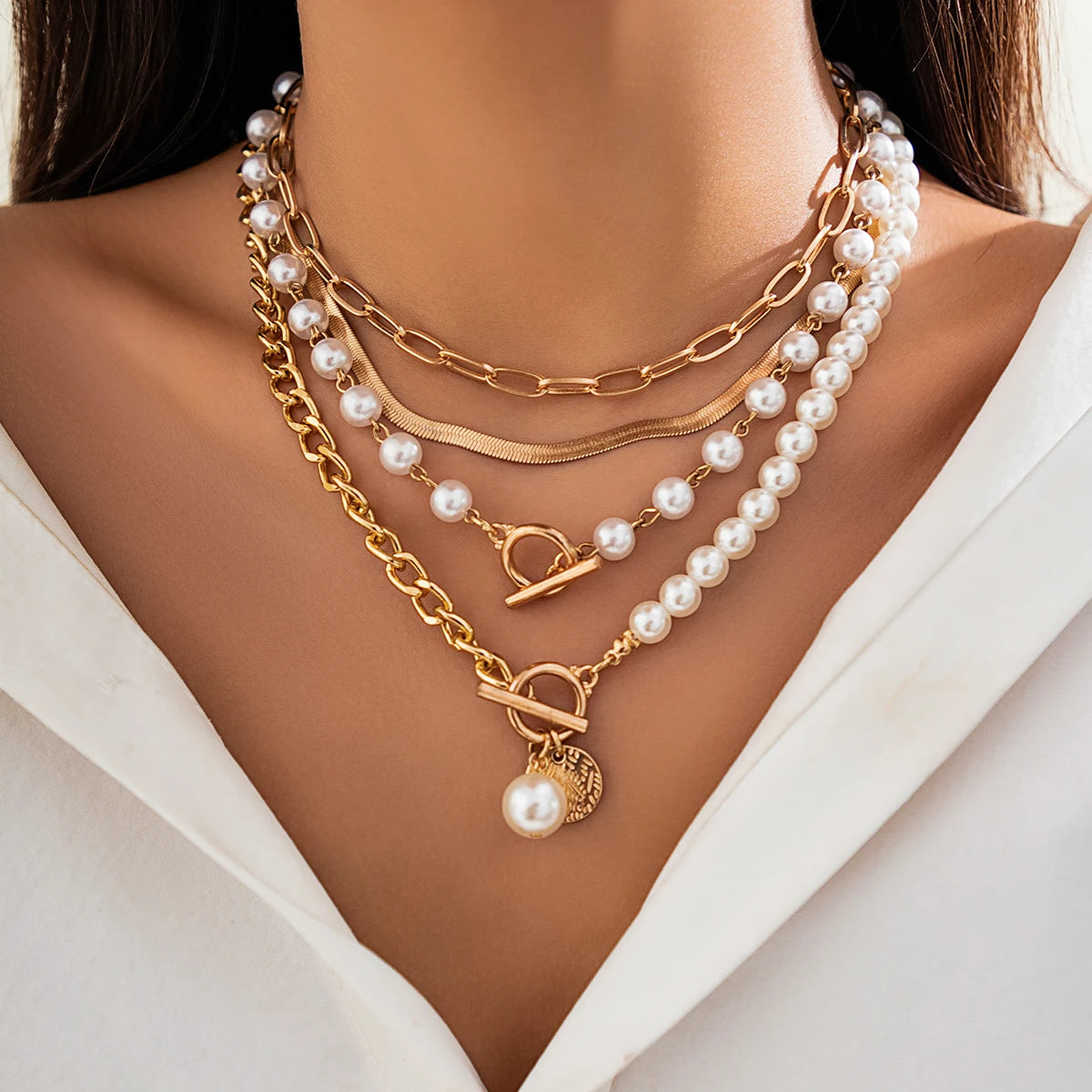 Mailani - layered imitation pearl and thick chain choker necklace for women