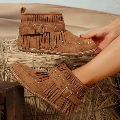 Women's retro faux suede buckle cowboy ankle boots