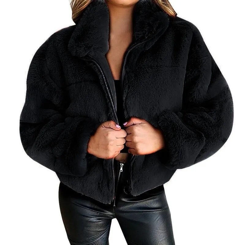 Women’s Faux Fur Jacket - Oversized Fit - High Collar - Full Zip Closure - Soft & Cozy