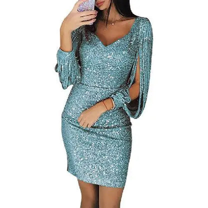Women's Sequin Mini Dress - Scoop Neck - Draped Open Sleeves - Party Wear