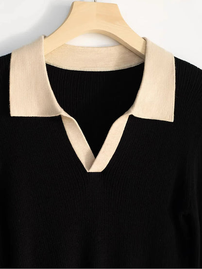 Elegant v-neck ribbed sweater with contrast collar for women