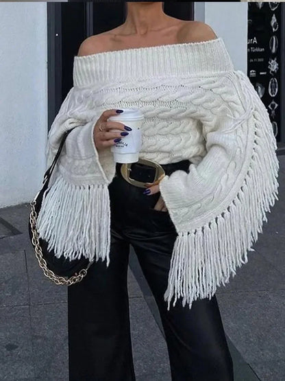 Women's off-shoulder tassel sweater