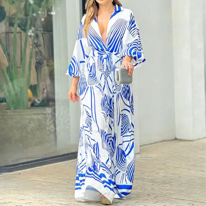 Women's Jumpsuit - Wide Leg - Long Sleeve Button Down - Abstract Print Elegant Fit