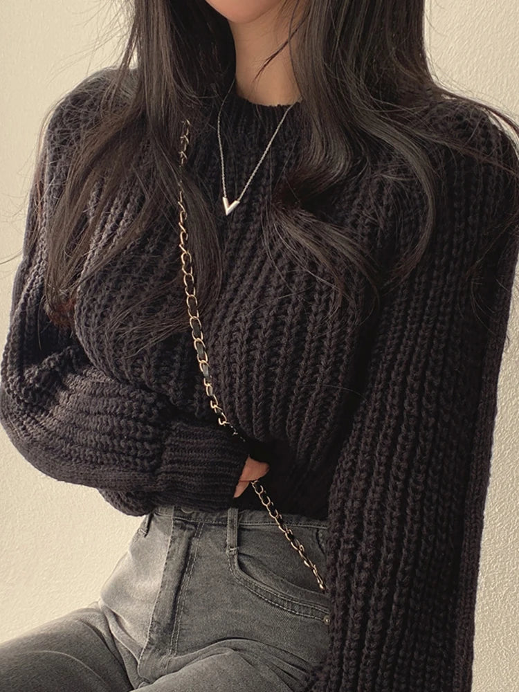 Women's loose vintage lantern sleeve knitted sweater