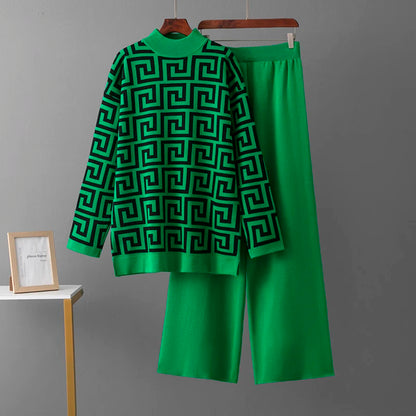 Women's spring/autumn o-neck jacquard sweater and elegant casual loose pants 2 pieces - set