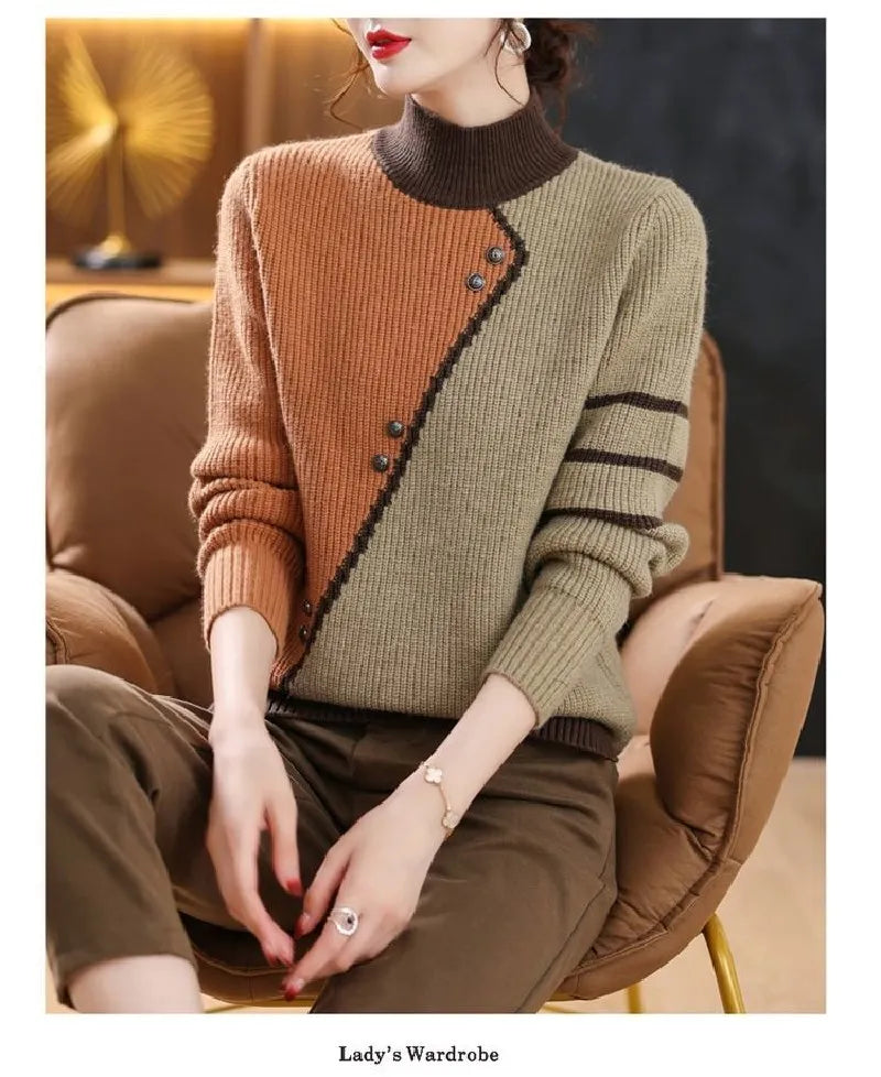 Women’s Knitted Sweater – Ribbed Turtleneck – Asymmetrical Button Design – Cozy Fit