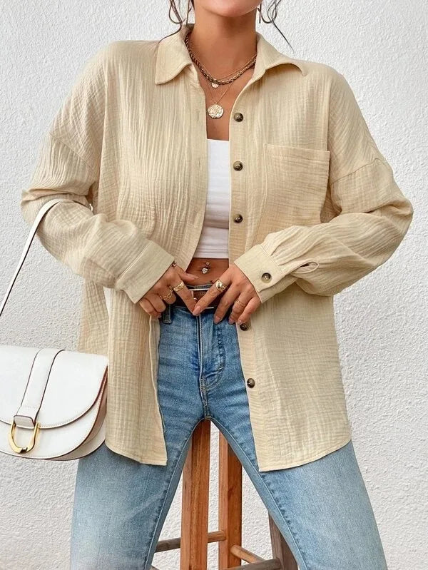 Women's Button-Up Shirt - Lightweight Crinkled Fabric - Relaxed Fit - Long Sleeve