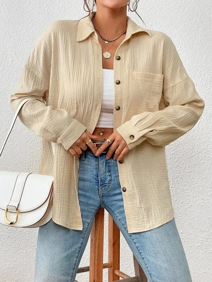 Women's Button-Up Shirt - Lightweight Crinkled Fabric - Relaxed Fit - Long Sleeve