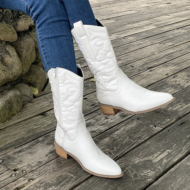 Women's retro western cowboy boots with side zip mid-barrel fluorescent pointed toe