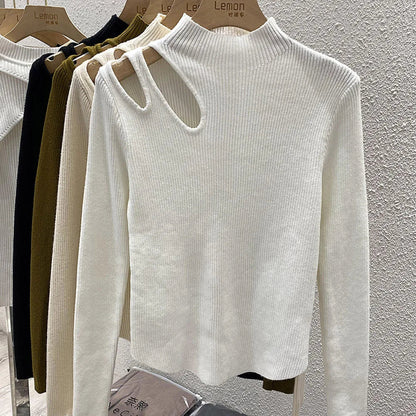 Women's half turtleneck hollow knitted top