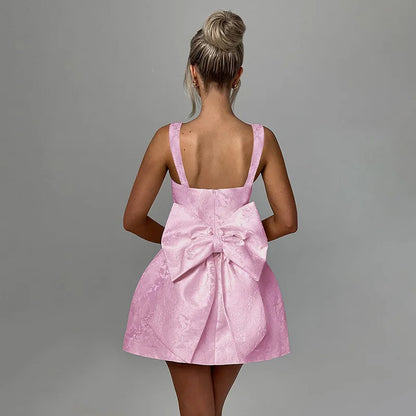 Women’s Mini Dress – Jacquard A-Line – Wide Straps – Back Bow – Formal Wear