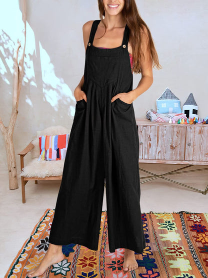 Women's Linen Jumpsuit - Loose Fit Wide-Leg - Sleeveless Adjustable Strap - Casual Wear