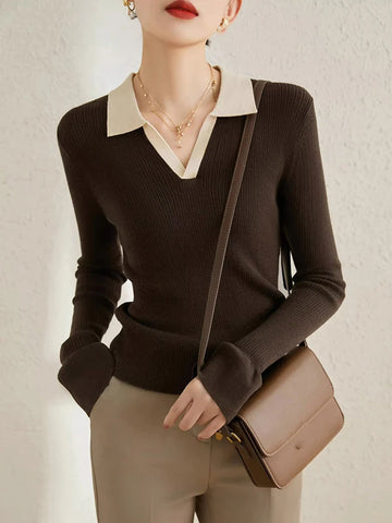 Elegant v-neck ribbed sweater with contrast collar for women