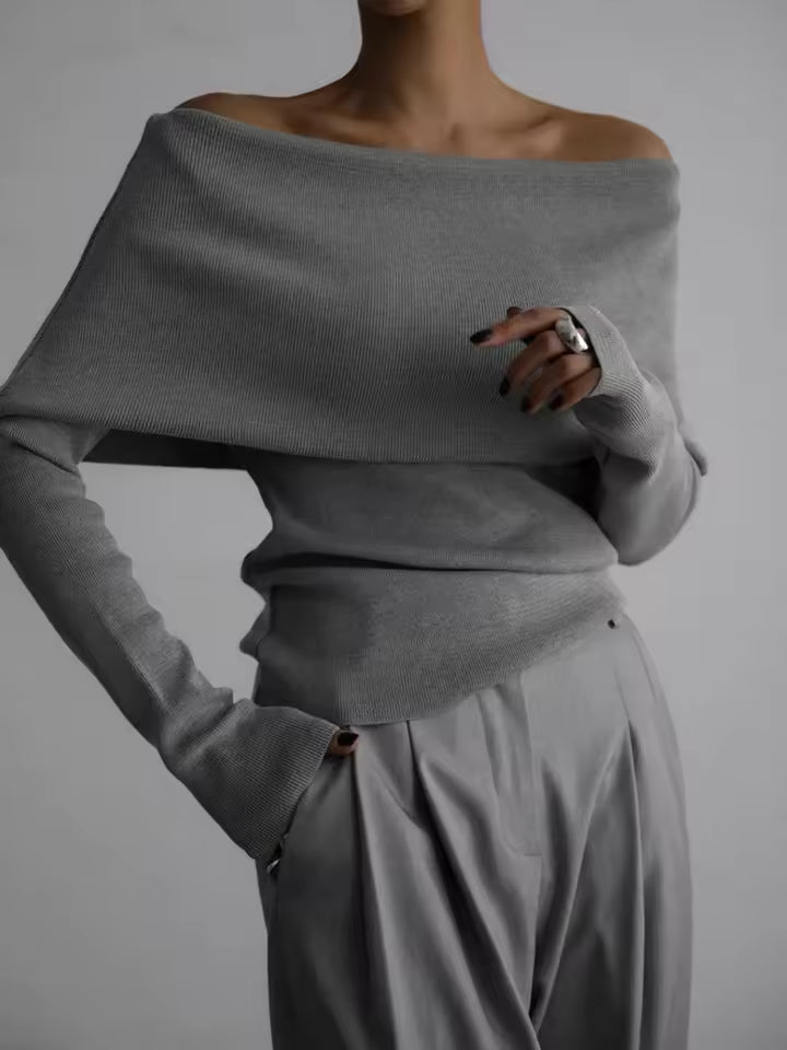 Ribbed Knit Off-Shoulder Relaxed Fit Sweater 