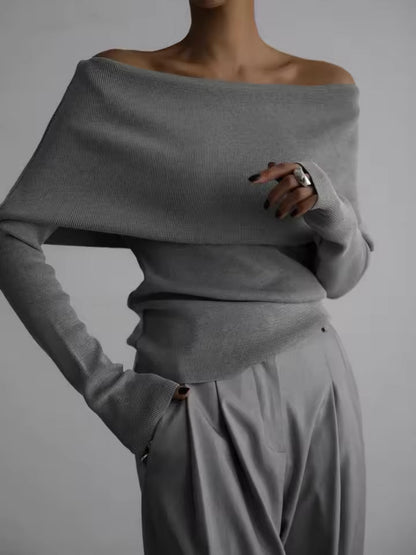 Women’s Sweater – Ribbed Knit – Off-Shoulder Draped Neckline – Relaxed Fit Long Sleeve