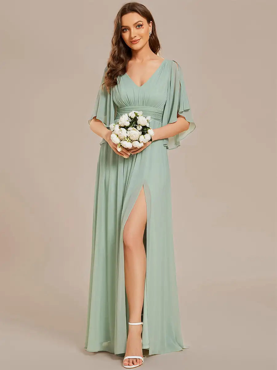Draped Chiffon V-Neck Evening Gown