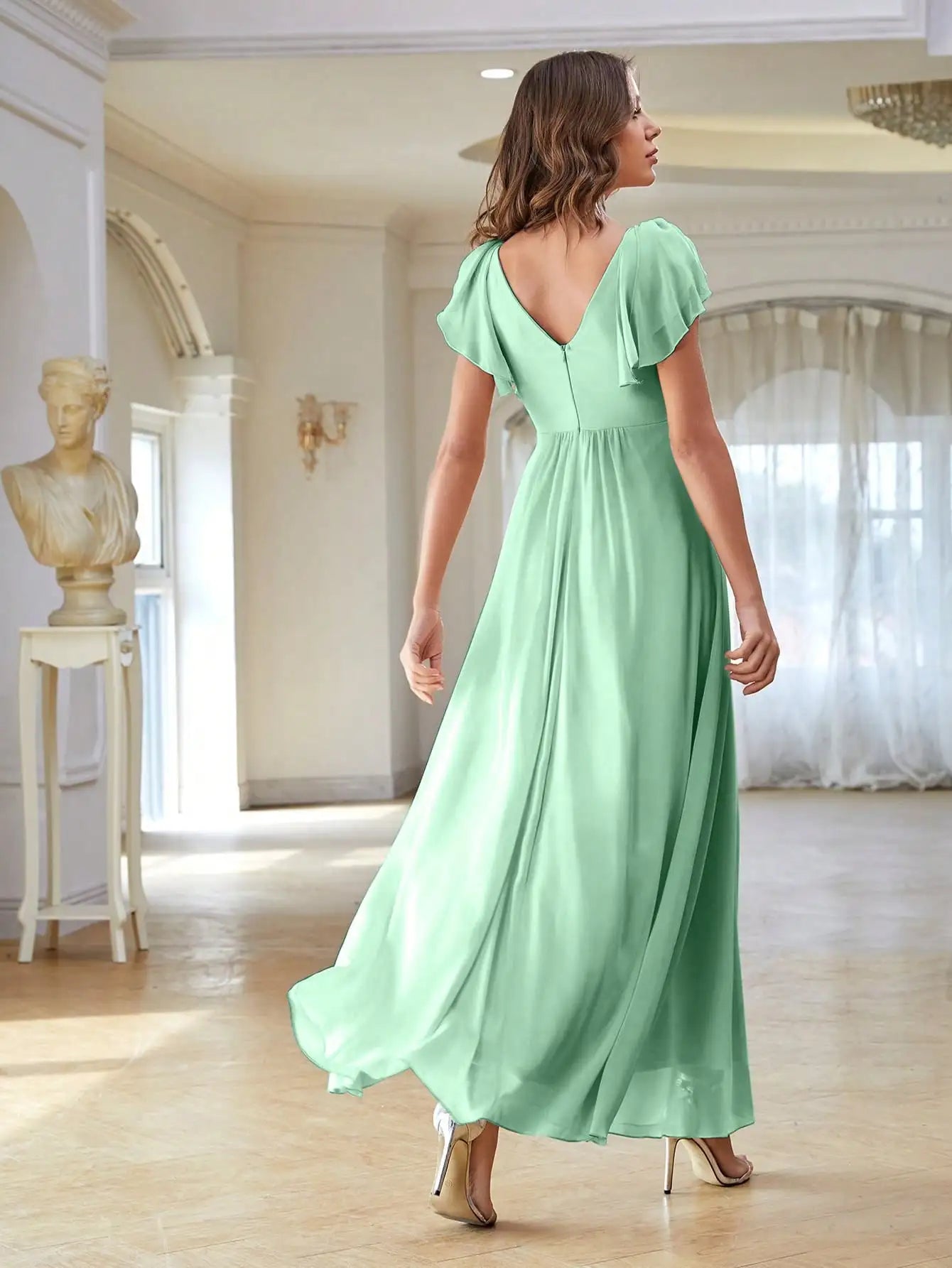 Satin A-Line Flutter Sleeve Evening Gown