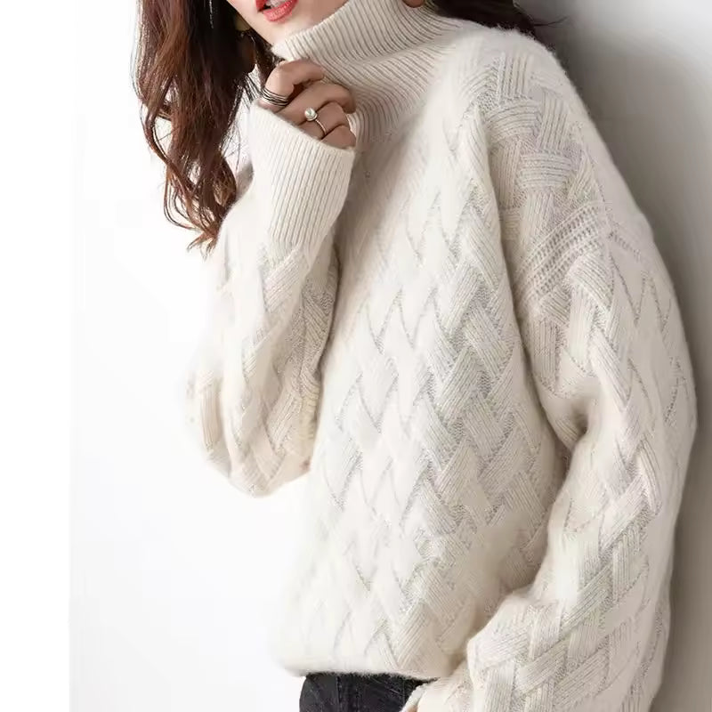 Women’s Pullover Sweater – Knit Oversized Fit – Ribbed Turtleneck – Cozy Texture