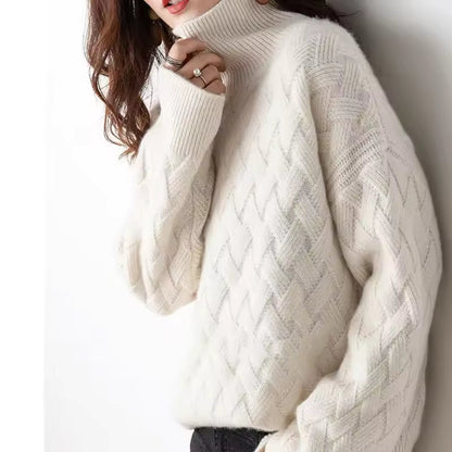 Women’s Pullover Sweater – Knit Oversized Fit – Ribbed Turtleneck – Cozy Texture