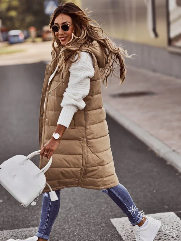 Women's long hooded vest down quilted sleeveless lightweight winter jacket