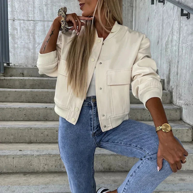 Relaxed Fit Cropped Bomber Jacket With Ribbed Trim 