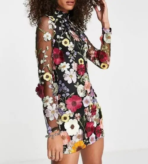 Floral Embroidered Sheer Mesh Mini Dress