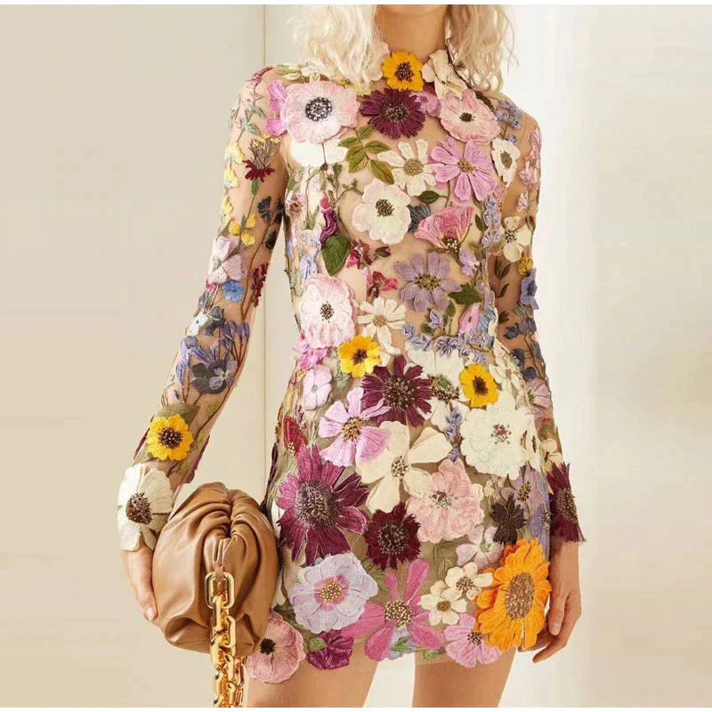 Women's Mini Dress - Sheer Overlay - Floral Embroidered - Long Sleeve - High Neck