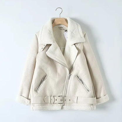Women's modern classic wide lapel coat with belt and zipper closure