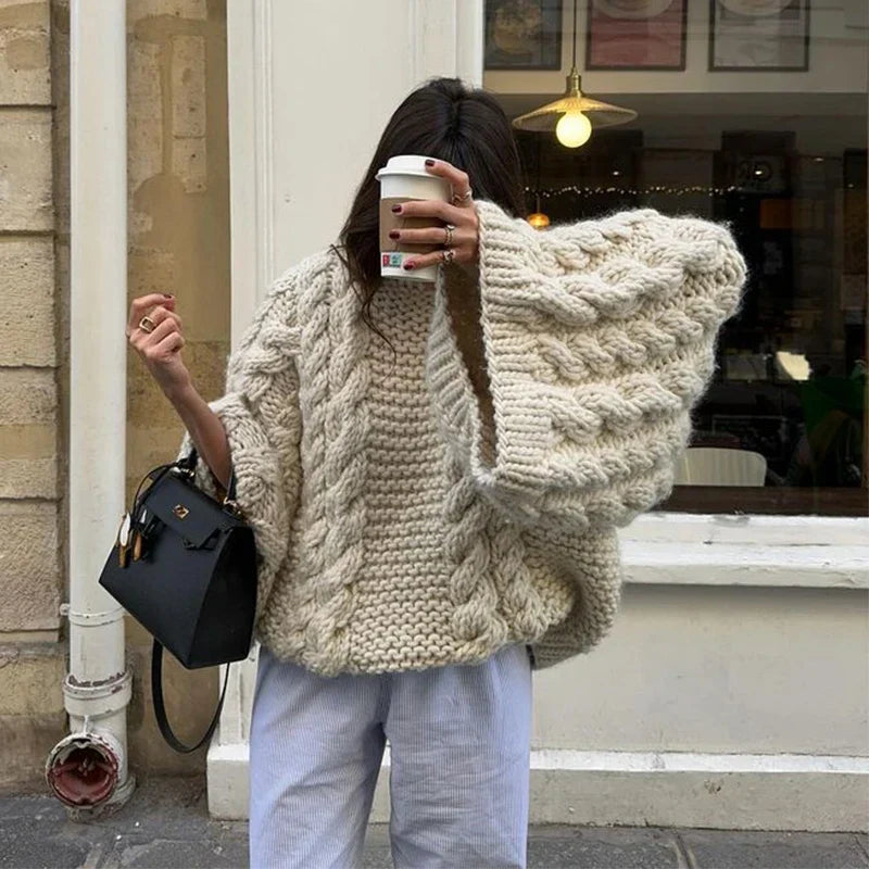 Women's loose trumpet sleeve knitted sweater