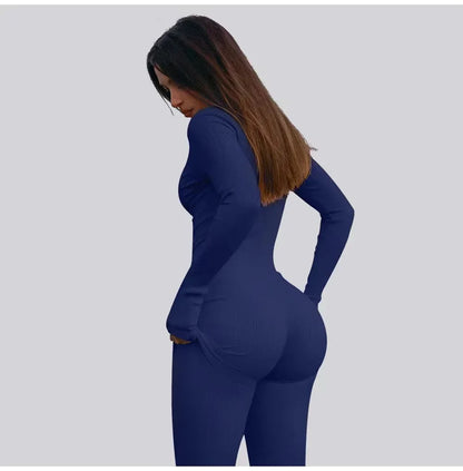 Women's Jumpsuit - Form-Fitting Stretch Fabric - Long Sleeve Zip Front - Casual Wear