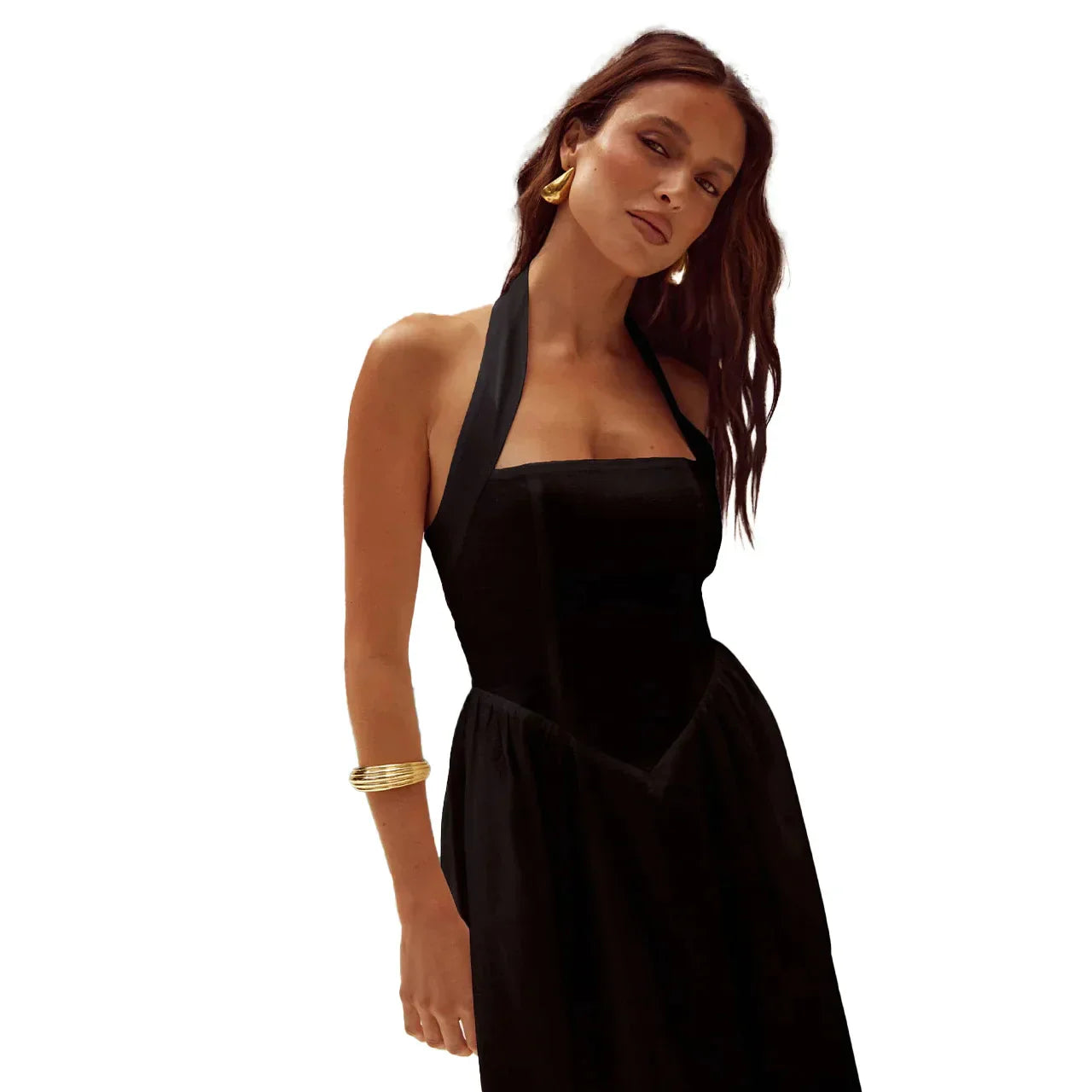 Women's halter neck backless dress with A-line midi skirt