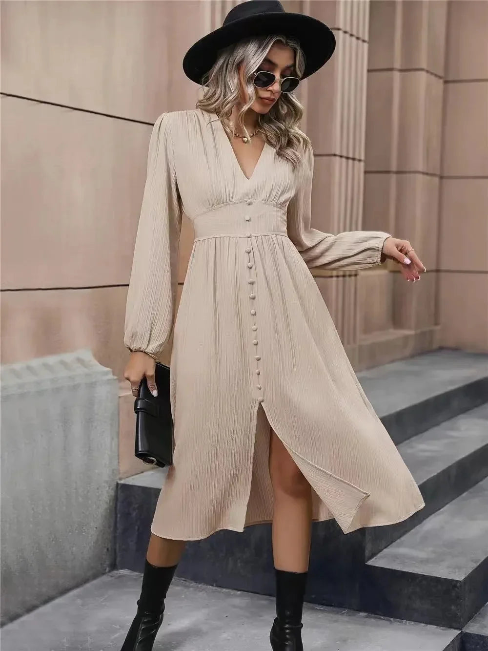 Women's white lantern sleeve midi dress