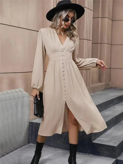 Women's white lantern sleeve midi dress