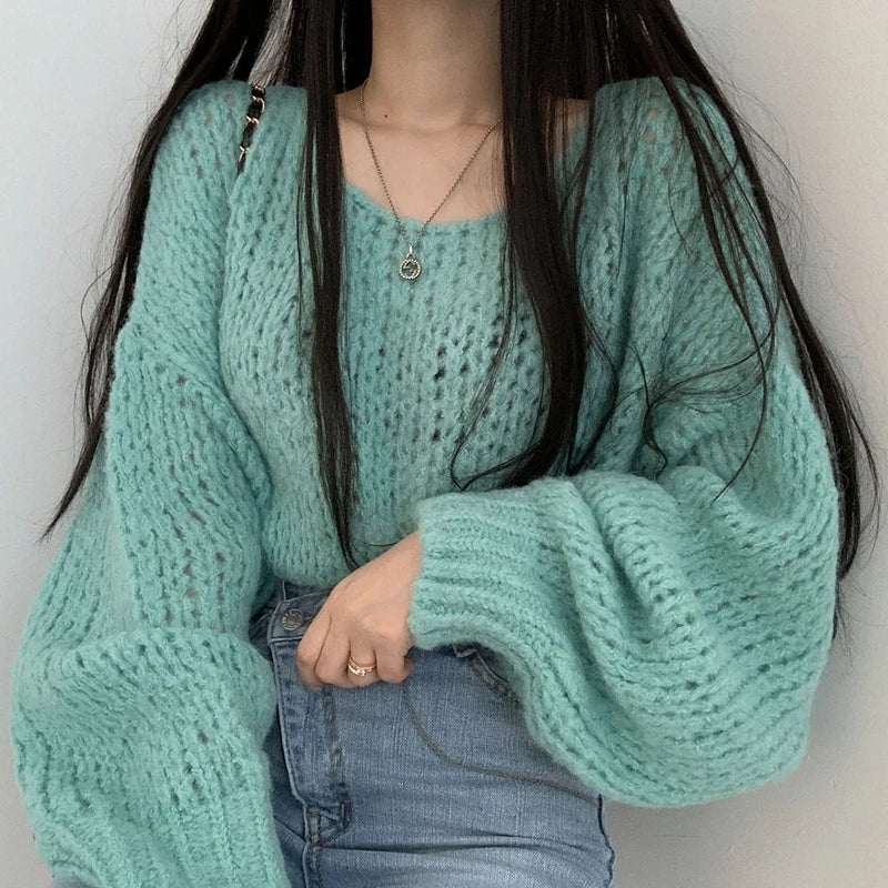 Women's casual hollow out lantern sleeve knitted pullover sweater