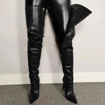 Women’s Over-the-Knee Boots – High Heel – Pointed Toe – Glossy Faux Leather – Zipper Closure