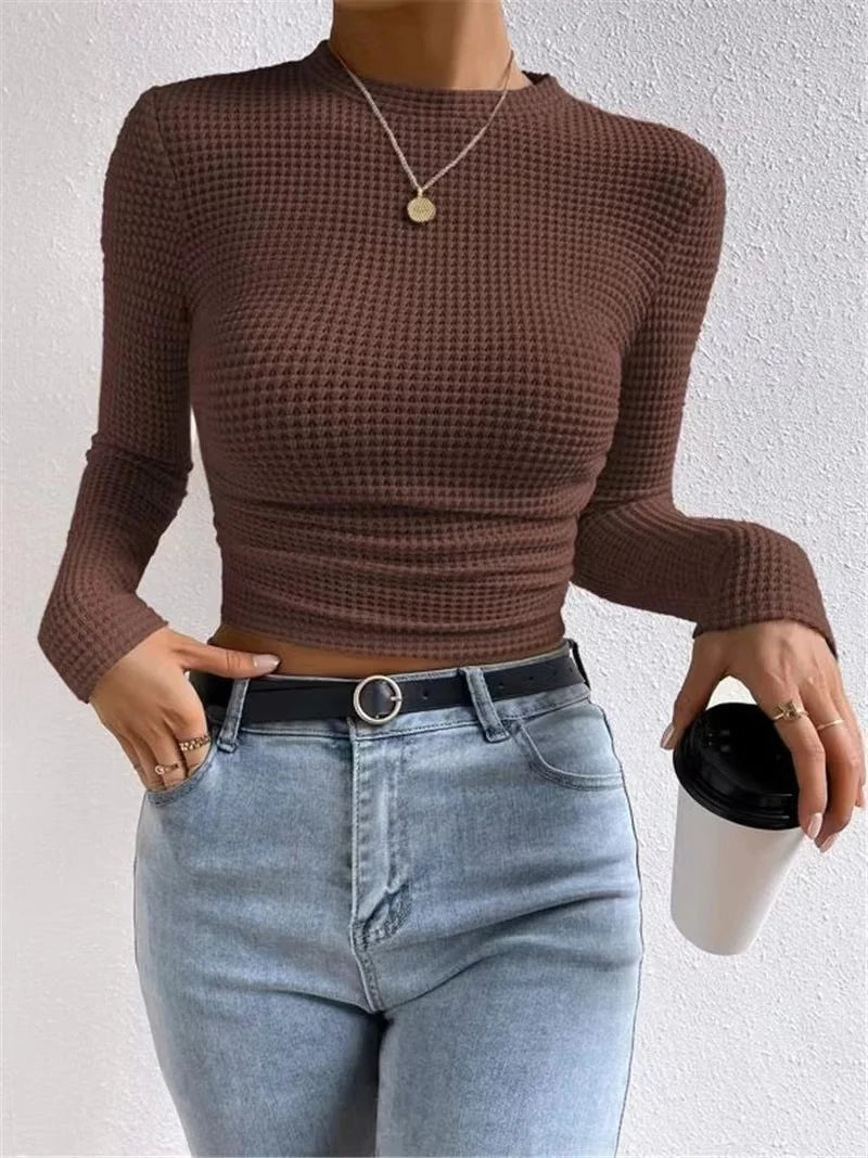 Women's basic  waffle long sleeve t-shirt slim fit top