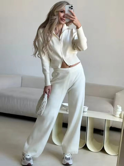Women’s Two-Piece Pants Set – Knit – Relaxed Fit – Zip-Up Top – High Waisted Wide Leg