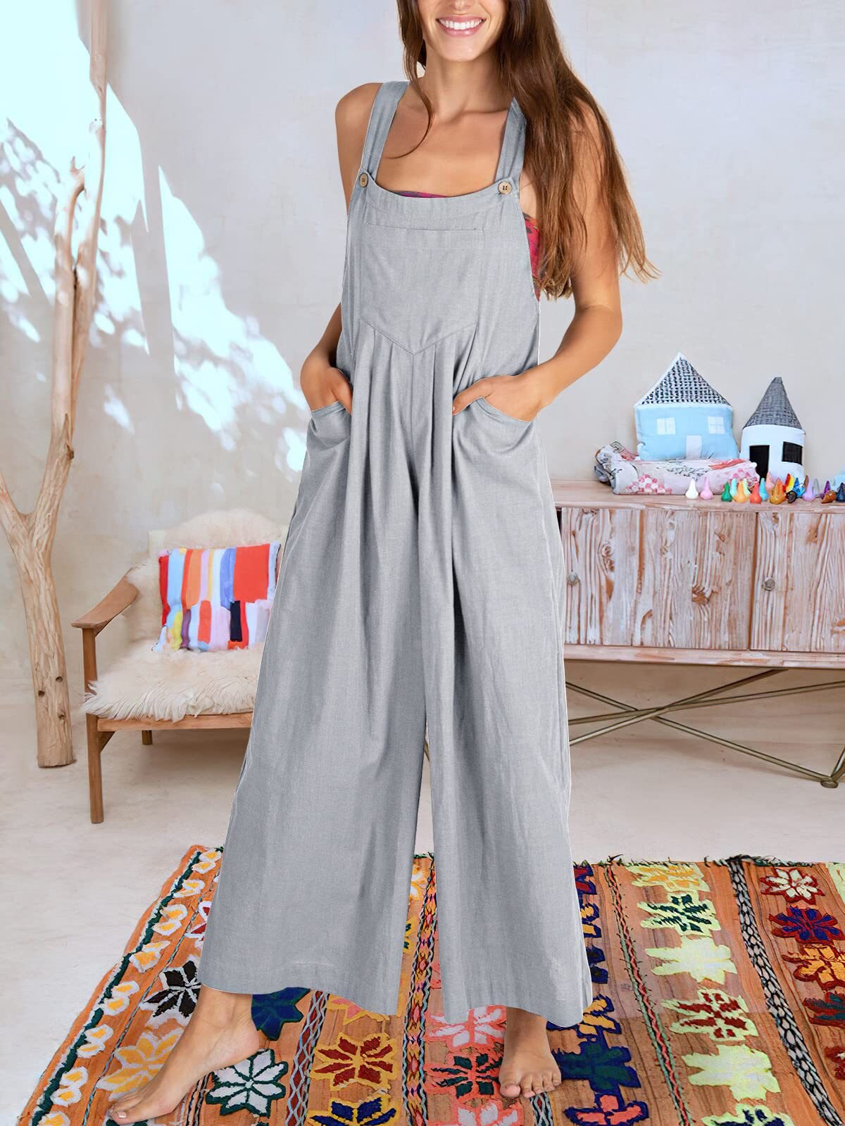 Women's Linen Jumpsuit - Loose Fit Wide-Leg - Sleeveless Adjustable Strap - Casual Wear