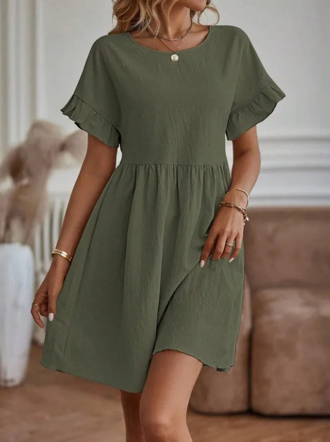 Women’s A-Line Mini Dress - Short Sleeve - Ruffle Hem - Elastic Waist - Casual Fit