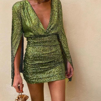 Women's Sequin Mini Dress - Deep V-Neck - Long Sleeve with Slit - Fitted Party Wear
