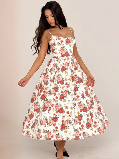 Women’s A-line Dress – Cotton Blend – Floral Print – Spaghetti Straps – Backless – Midi Length