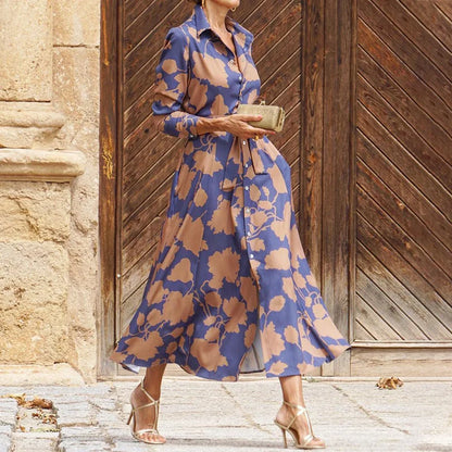 Women's Long-Sleeve Shirt Dress - Button Down - Floral Print - Belted Waist